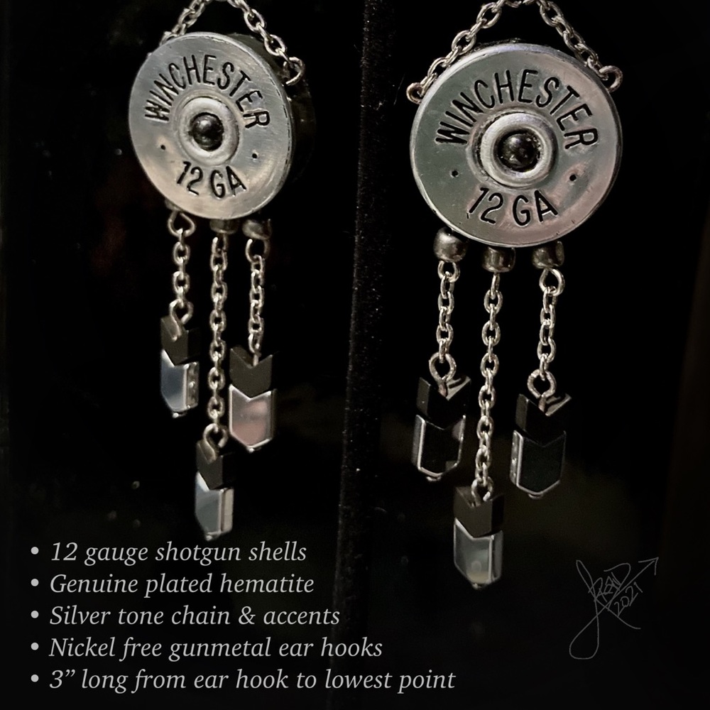 Boho shotgun shell hematite earrings
